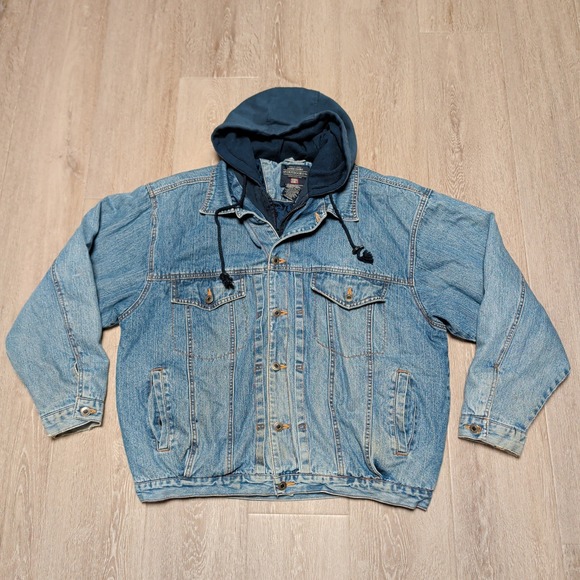 Faded Glory Outdoors Other - Vintage Faded Glory Mens L Blue Denim Hooded Jacket Quilted Lined Distressed